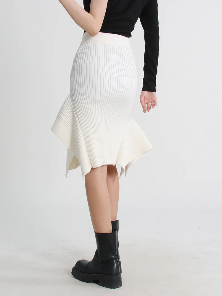 Knitting Ruffle Trim Midi Skirt For Women High Waist Solid Minimalsit Asymmetrical Casual Long Skirts Female