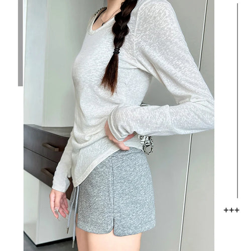 Load image into Gallery viewer, Women y2k Tops 2000s Aesthetic Clothes Solid Color Round Neck Long Sleeve Asymmetrical Hem Tee Shirts Casual Streetwear
