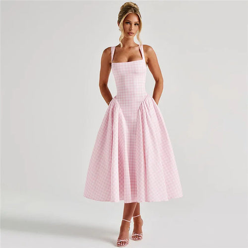 Load image into Gallery viewer, Plaid Printed Maxi Dress For Women Gown Summer New Spaghetti Strap High Waist A-line Backless Club Long Dress Vestido
