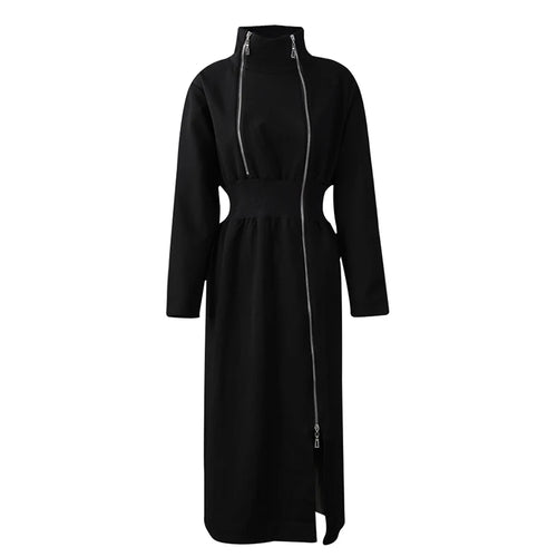 Load image into Gallery viewer, Women Black Zipper Irregular Hem Slit Midi Dress New Turtleneck Long Sleeve Fashion Tide Spring Autumn 2025 1DH9354
