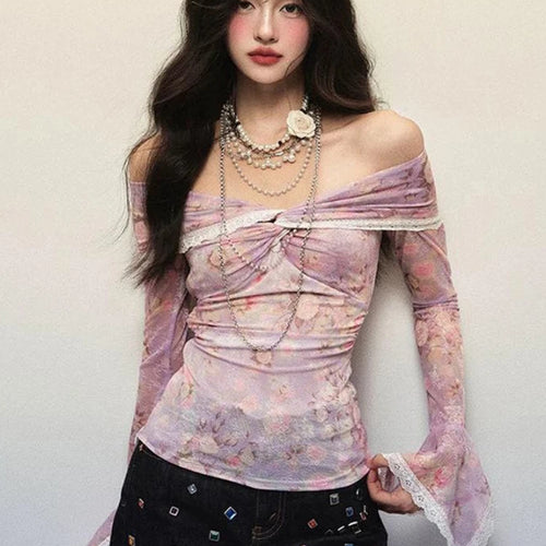 Load image into Gallery viewer, Sexy Lace Patchwork Slash Neck Gauze Tshirts Women Y2k Aesthetic Bottoming Grunge Tops Harajuku Vintage Fairy Print Pleated Tees
