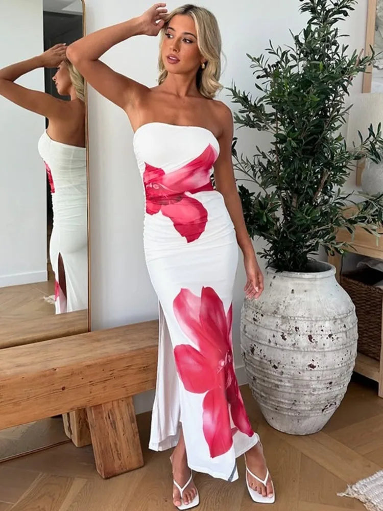 Off-shoulder Print Sexy Maxi Dress Women Gown Summer New Strapless Sleeveless Backless Bodycon Long Dress Elegant
