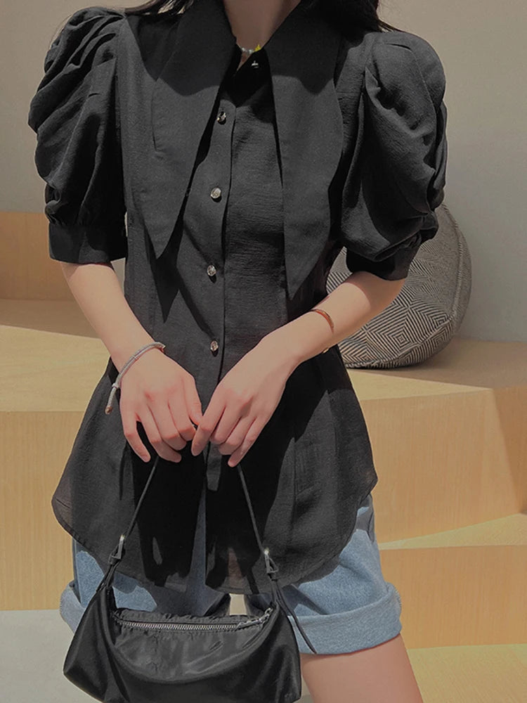 Casual Solid Blouses For Women Point Collar Short Puff Sleeve Button Through Shirts Female Spring Fashion Clothing