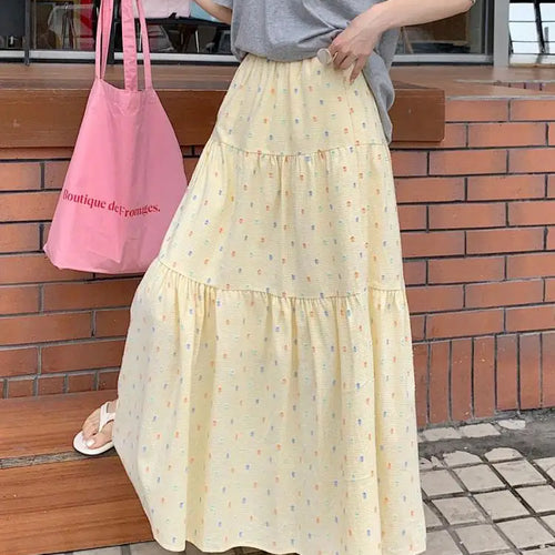 Load image into Gallery viewer, Korean 2024 Spring Summer Women Blue Embroidery Pleated Long Skirts Yellow Elastic High Waist Vacation Party Half Skirt Bohemian
