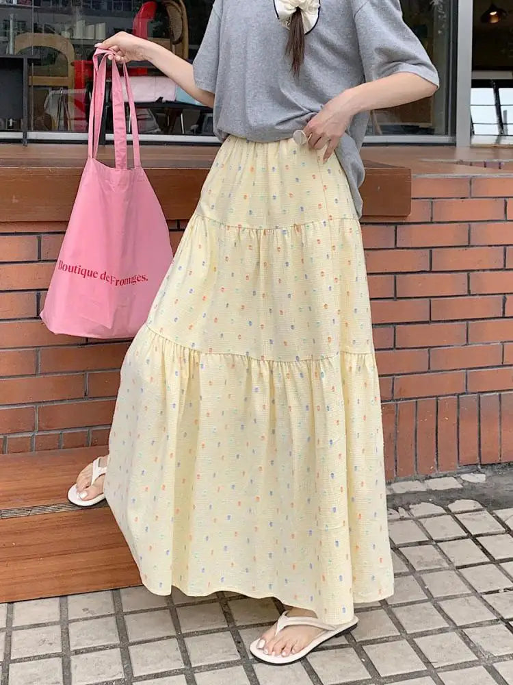 Korean 2024 Spring Summer Women Blue Embroidery Pleated Long Skirts Yellow Elastic High Waist Vacation Party Half Skirt Bohemian