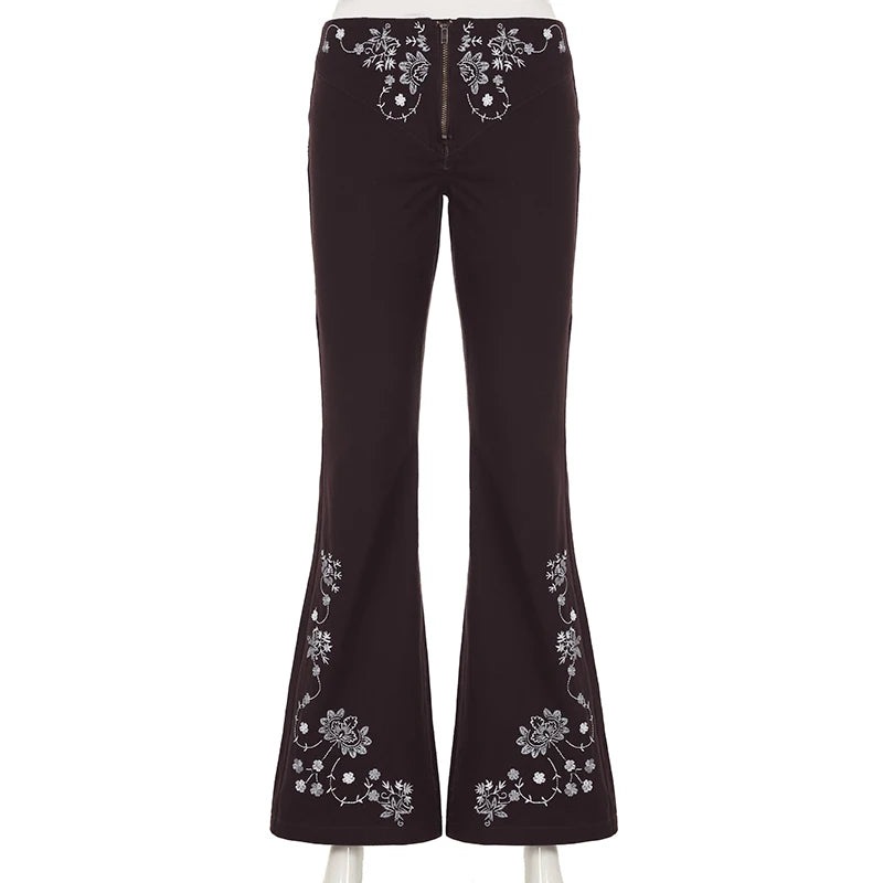 Vintage Chic Flower Embroidery Flared Jeans Women Low Waist Zipper-Fly Denim Trousers All Match Streetwear Bottom New