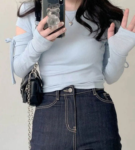 Women Bandage Harajuku Solid T Shirts Female Long Sleeve Tees  2025 Autumn T-shirt Streetwear Y2k All Match Hollow Out Tops