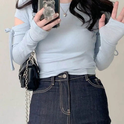 Load image into Gallery viewer, Women Bandage Harajuku Solid T Shirts Female Long Sleeve Tees  2025 Autumn T-shirt Streetwear Y2k All Match Hollow Out Tops
