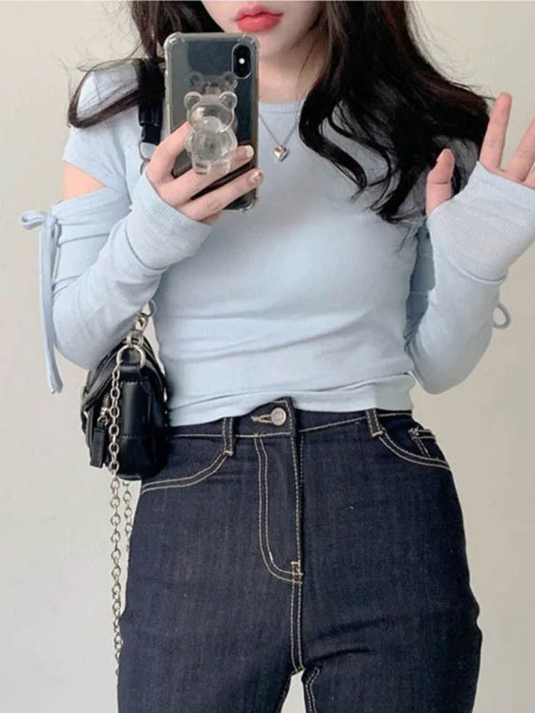 Women Bandage Harajuku Solid T Shirts Female Long Sleeve Tees  2025 Autumn T-shirt Streetwear Y2k All Match Hollow Out Tops