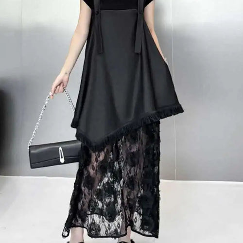 Load image into Gallery viewer, Women Black Hem Lace Denim Elegant Big Size Strap Dress New Square Collar Sleeveless Fashion Spring Autumn 2025 1DH6630
