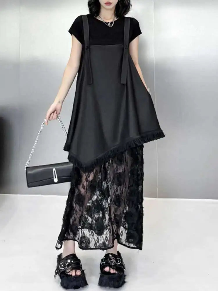 Women Black Hem Lace Denim Elegant Big Size Strap Dress New Square Collar Sleeveless Fashion Spring Autumn 2025 1DH6630