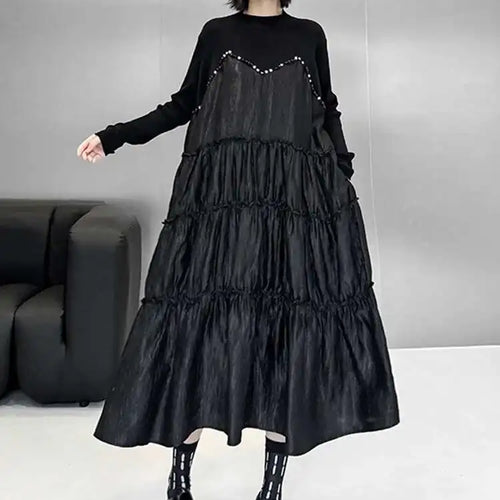 Load image into Gallery viewer, Women Black Knitting Beads Pleated Big Size Midi Dress New Round Neck Long Sleeve Fashion Tide Spring Autumn 2025 1DH9219
