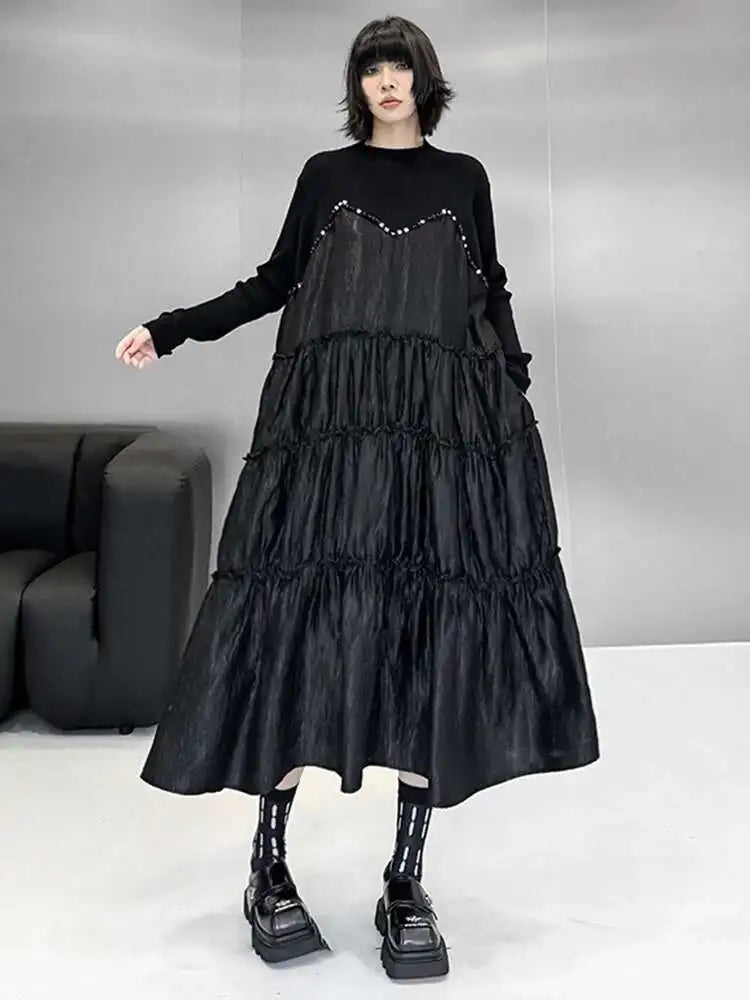 Women Black Knitting Beads Pleated Big Size Midi Dress New Round Neck Long Sleeve Fashion Tide Spring Autumn 2025 1DH9219