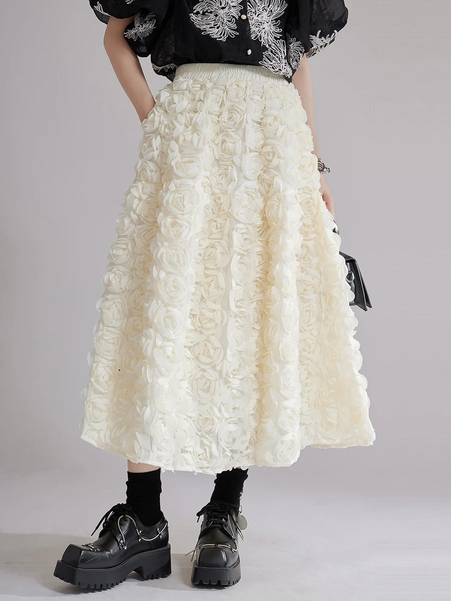 Blackwhite Hit Color Spliced 3D Flower Fashion Skirts for Women High Waist Patchwork Pockets Long Skirt Female New