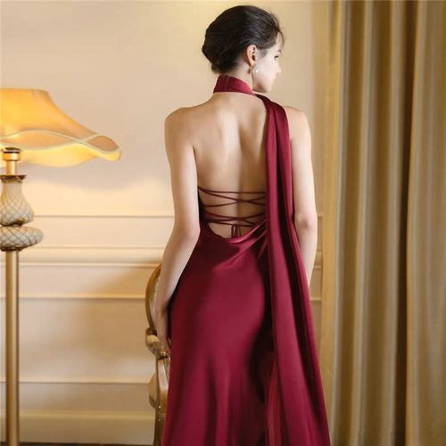 Load image into Gallery viewer, Scarf Collar Backless Sexy Maxi Dress For Women Gown Fashion Strapless Sleeveless High Waist Bodycon Club Long Dress
