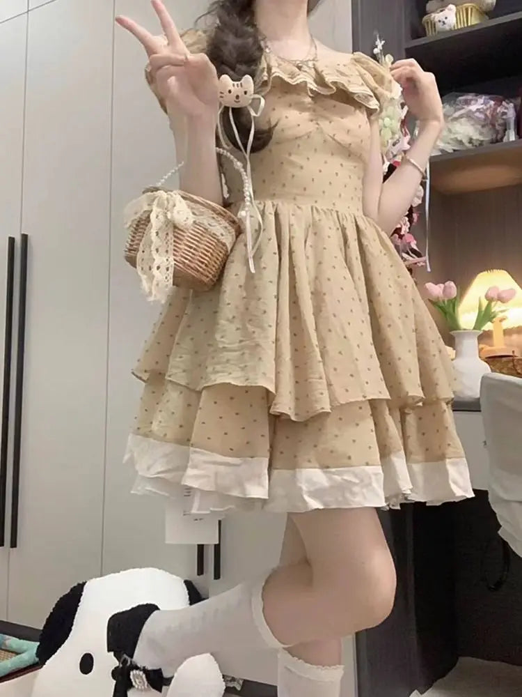 Kawaii Lolita Dress Ruffle Soft Girl Japanese Sweet Flying Sleeve Cute Dot Party Short Dresses Vintage Elegant Autumn