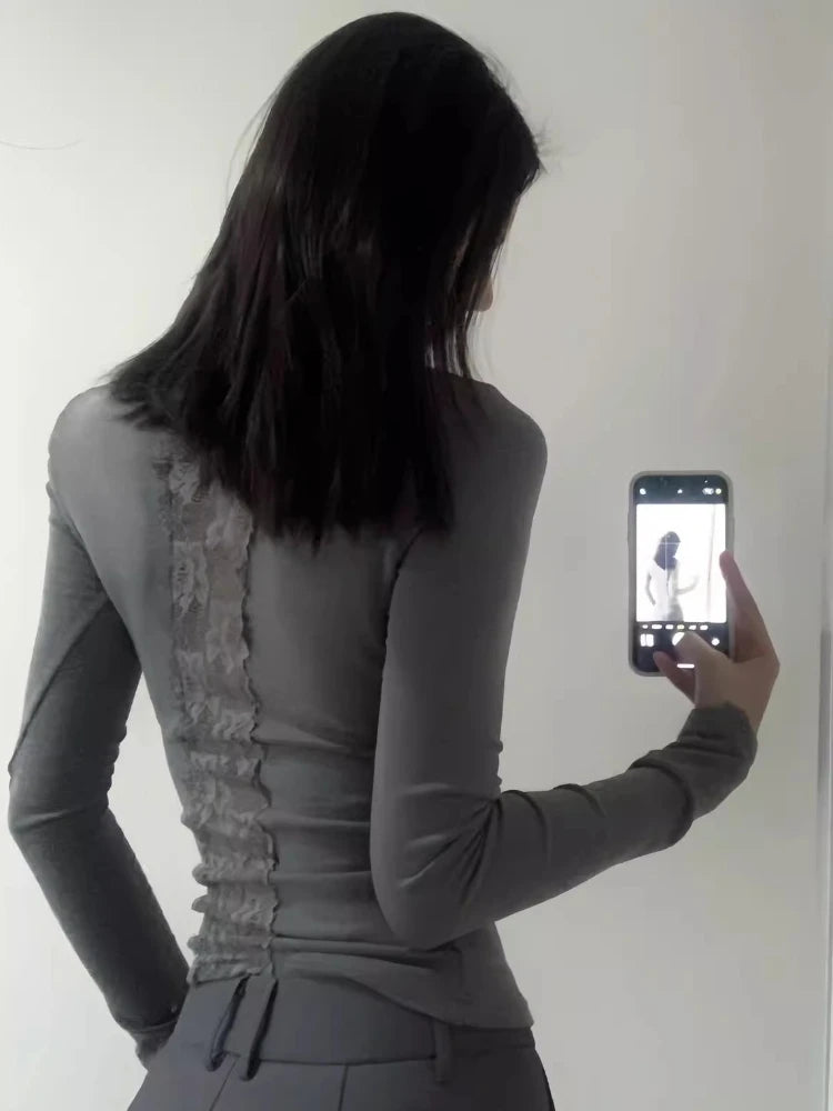 Sexy Lace Patchwork Cropped Tops Women Y2k Aesthetic Bodycon Vintage T-shirt Harajuku Fairy Grunge Pleated Clothes Streetwear