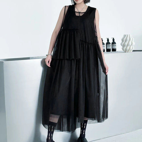 Load image into Gallery viewer, Women Black Khaki Mesh Perspctive Big Size Long Dress New Round Neck Sleeveless Fashion Tide Spring Autumn 2025  1DJ1064

