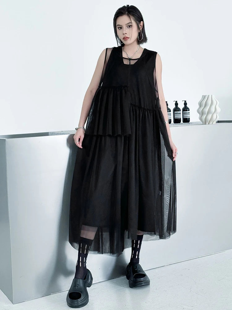 Women Black Khaki Mesh Perspctive Big Size Long Dress New Round Neck Sleeveless Fashion Tide Spring Autumn 2025  1DJ1064
