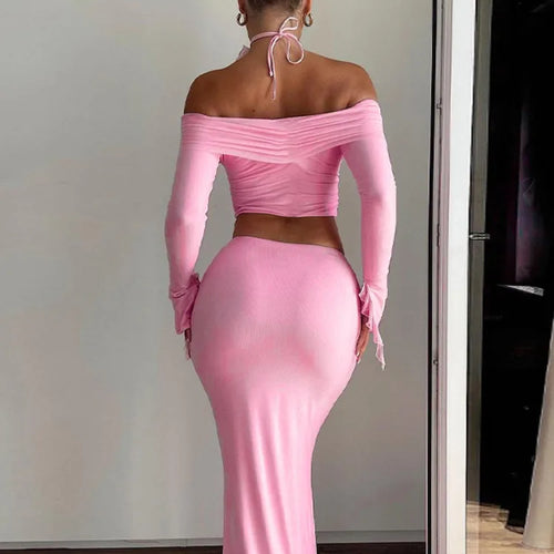 Load image into Gallery viewer, Elegant Halter 3D Flower Two Piece Sets Women Fashion Off-shoulder Tops And Maxi Skirt Matching Sets Bodycon Sexy Dress
