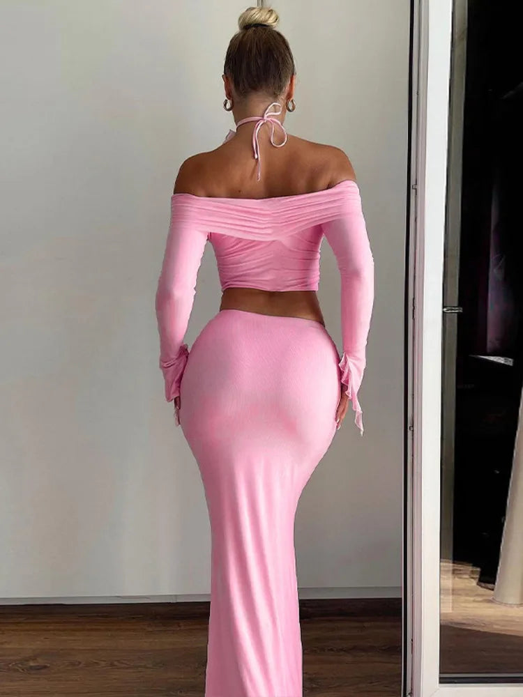 Elegant Halter 3D Flower Two Piece Sets Women Fashion Off-shoulder Tops And Maxi Skirt Matching Sets Bodycon Sexy Dress