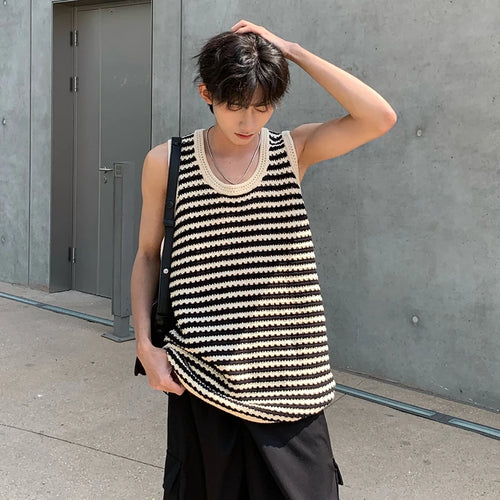 Load image into Gallery viewer, Summer Vest Loose Fashion Tank Top Sleeveless Stripe T-shirt Hollow Out Design Casual Man&#39;s Top Loose 9C5367
