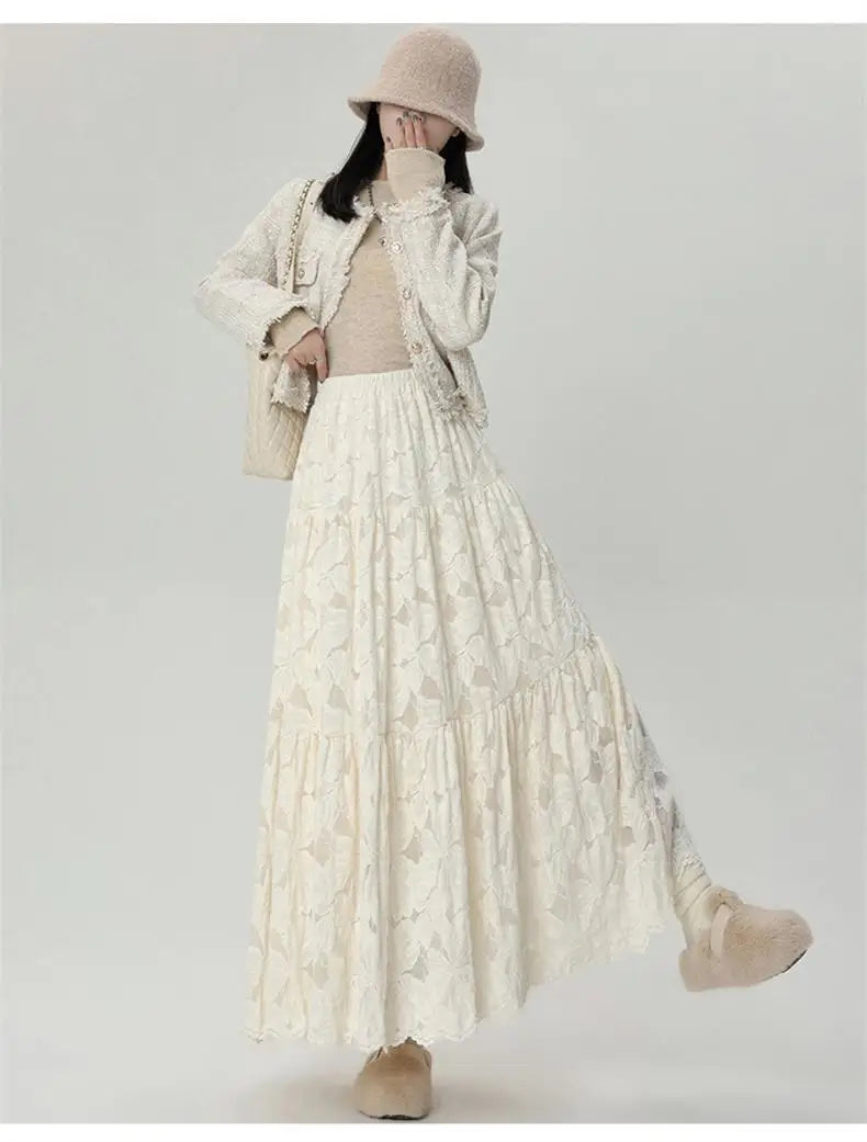 French Women Solid Velvet Lace Elegant Vacation Pleated Long Skirt 2024 Autumn Winter New High Waist Party Skirt Fashion Popular