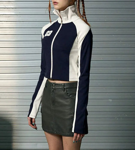 Moto&Biker Style Patchwork Slim Zip-Up Jacket Harajuku Sporty Autumn Coat Women Cropped Contrast Color Retro Outwear