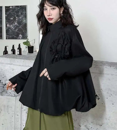 Loose Fit Black Pleated Big Size Jacket New Stand Collar Long Sleeve Women Coat Fashion Tide Spring Autumn 2025 1DH0794