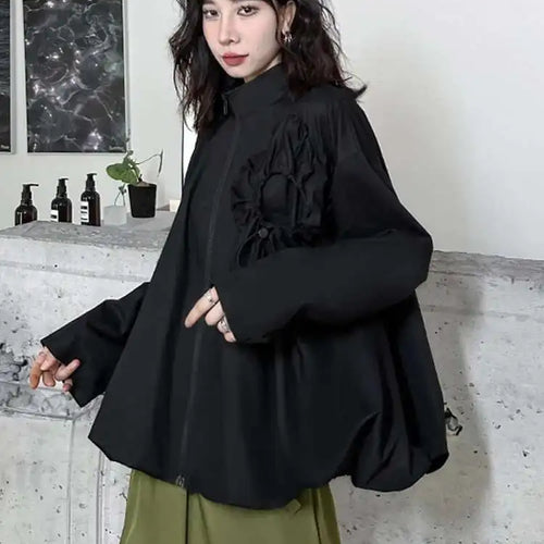 Load image into Gallery viewer, Loose Fit Black Pleated Big Size Jacket New Stand Collar Long Sleeve Women Coat Fashion Tide Spring Autumn 2025 1DH0794
