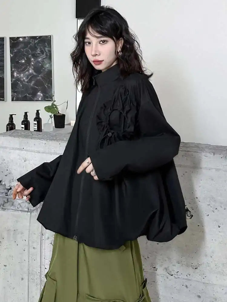 Loose Fit Black Pleated Big Size Jacket New Stand Collar Long Sleeve Women Coat Fashion Tide Spring Autumn 2025 1DH0794