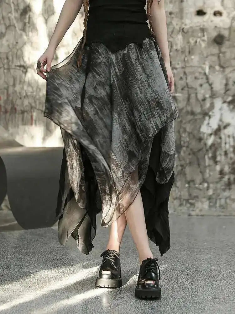 High Elastic Waist Black Irregular Printed Pleated Vintage Half-body Skirt Women Fashion New Spring Autumn 2025 1DF6823