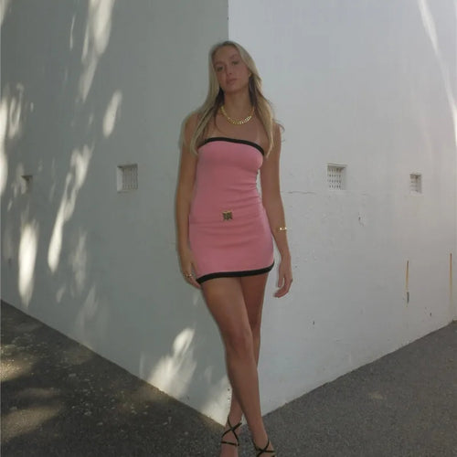 Load image into Gallery viewer, Off-shoulder Strapless Sexy Knit Dress Women Robe Contrast Color Sleeveless Backless Bodycon Beach Mini Dress Knitwear
