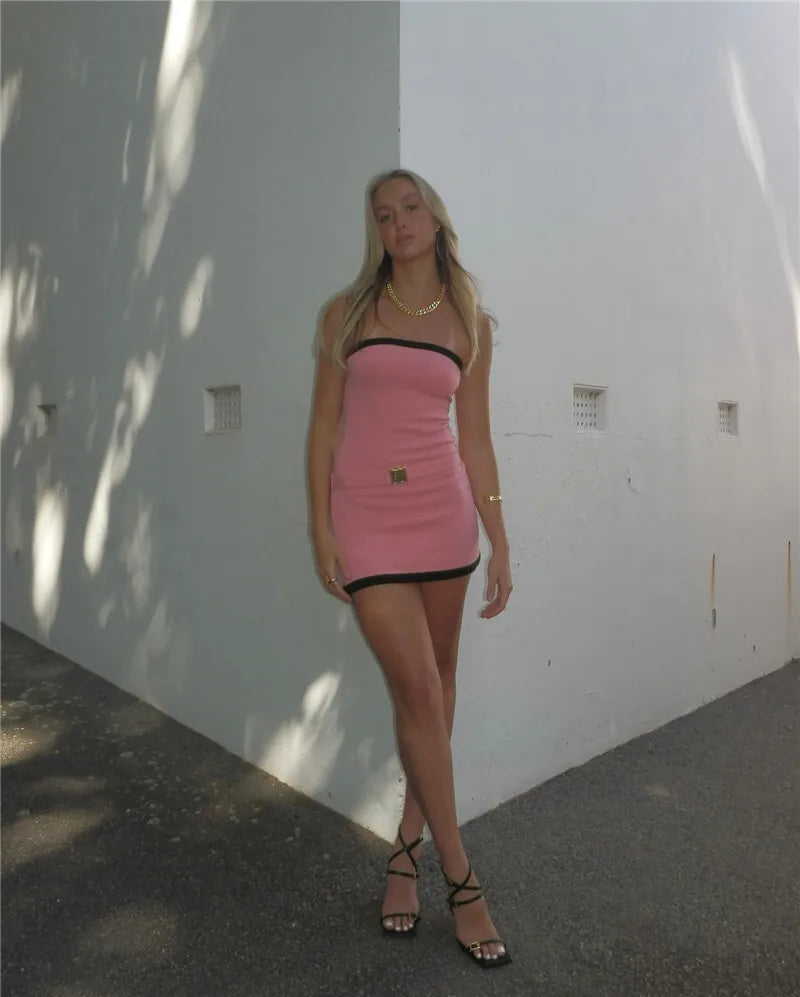 Off-shoulder Strapless Sexy Knit Dress Women Robe Contrast Color Sleeveless Backless Bodycon Beach Mini Dress Knitwear