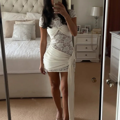 Load image into Gallery viewer, Elegant Lace Patchwork Tight Strap Dress Women Sexy Double Layer Perspective Slimming Party Club Evening Dress 2025

