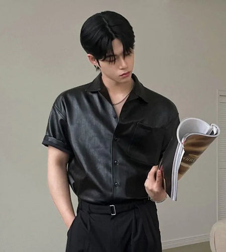 PU Leather Men's Short Sleeve Shirt Summer Korean New Chic Male Shirt Korean Handsome Lapel Loose Trendy Top 9W1628