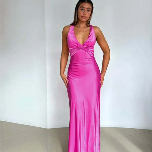 Load image into Gallery viewer, Satin Bow Backless Sexy Maxi Dress For Women Gown Fashion V Neck Sleeveless Club Party Evening Dress Elegant

