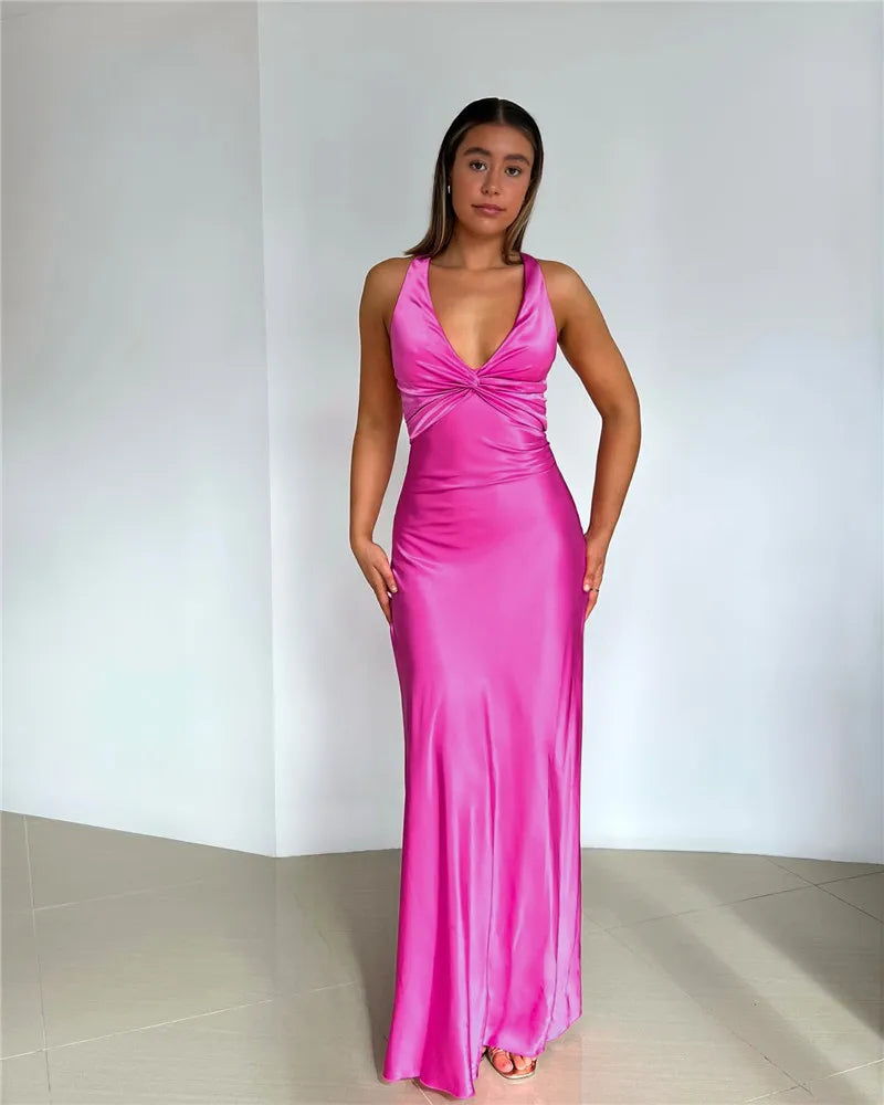 Satin Bow Backless Sexy Maxi Dress For Women Gown Fashion V Neck Sleeveless Club Party Evening Dress Elegant