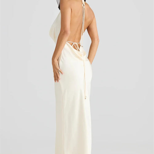 Load image into Gallery viewer, Satin Halter Backless Sexy Maxi Dress Women Gown Elegant Solid Sleeveless Lace-up High Waist Evening Club Long Dress
