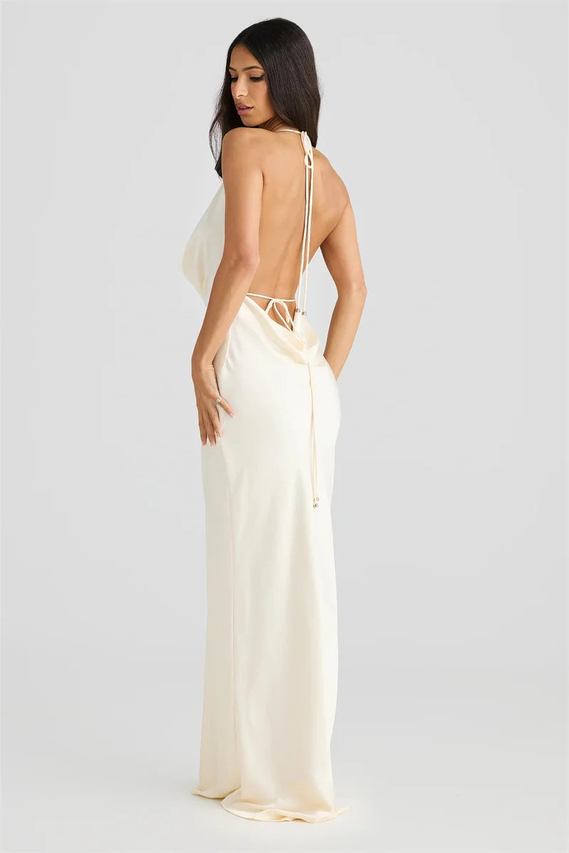 Satin Halter Backless Sexy Maxi Dress Women Gown Elegant Solid Sleeveless Lace-up High Waist Evening Club Long Dress