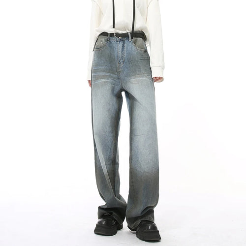 Load image into Gallery viewer, American Style Men Denim Pants Washing Splotch Worn-out Straight Contrast Color Casual Trousers Wide Leg Male Bottom 9W139
