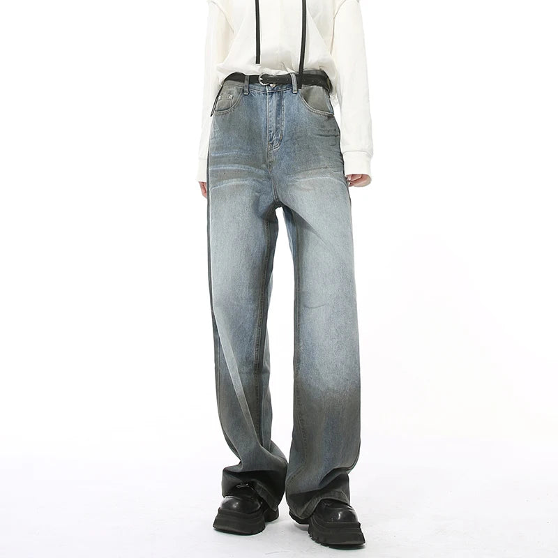 American Style Men Denim Pants Washing Splotch Worn-out Straight Contrast Color Casual Trousers Wide Leg Male Bottom 9W139