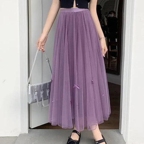 Load image into Gallery viewer, Women Solid Sweet Long Skirt 2023 New Korean Fashion Bow Elegant A Line Elastic High Waist Party Pleated Mesh Skirt Female Retro
