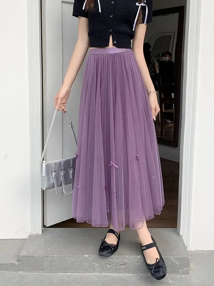 Women Solid Sweet Long Skirt 2023 New Korean Fashion Bow Elegant A Line Elastic High Waist Party Pleated Mesh Skirt Female Retro
