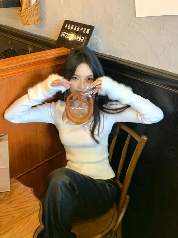 Harajuku Knitted Patchwork Fur Sweet Crop T-Shirts Women Slim Fit Y2k Aesthetic Tees Autumn Vintage Grunge Bottoming Tshirts