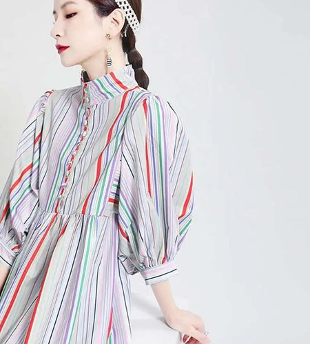 Women Striped Spliced Long Shirt Dress New Stand Collar Three-quarter Sleeve Loose Fit Fashion Spring Autumn 2025 1DE0219