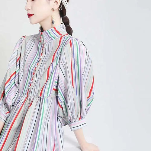 Load image into Gallery viewer, Women Striped Spliced Long Shirt Dress New Stand Collar Three-quarter Sleeve Loose Fit Fashion Spring Autumn 2025 1DE0219
