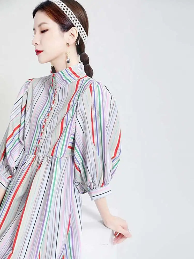 Women Striped Spliced Long Shirt Dress New Stand Collar Three-quarter Sleeve Loose Fit Fashion Spring Autumn 2025 1DE0219