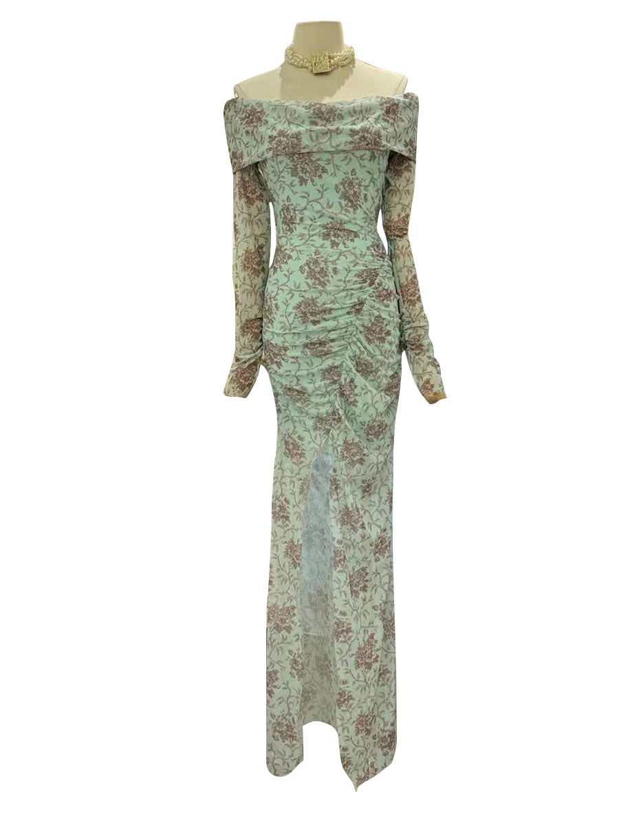 Hit Color Printing Slimming Dresses For Women Slash Neck Long Sleeve High Waist Temperament Dress Female Fashion