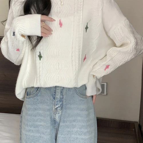 Load image into Gallery viewer, Women Knitted Sweater Autumn New O-Neck Vintage Embroidered Knitwear Baggy Long Sleeve Warm Lady White Pullover Chic
